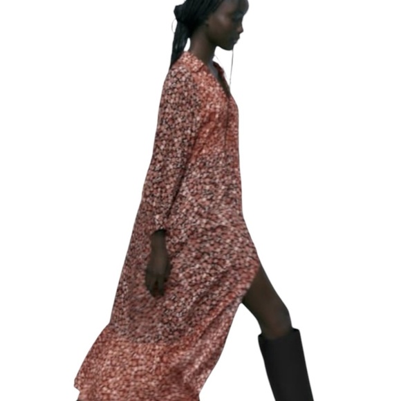 Zara Floral Printed Midi Mixed Pattern Balloon Sleeve Shirt Dress - Picture 5 of 16